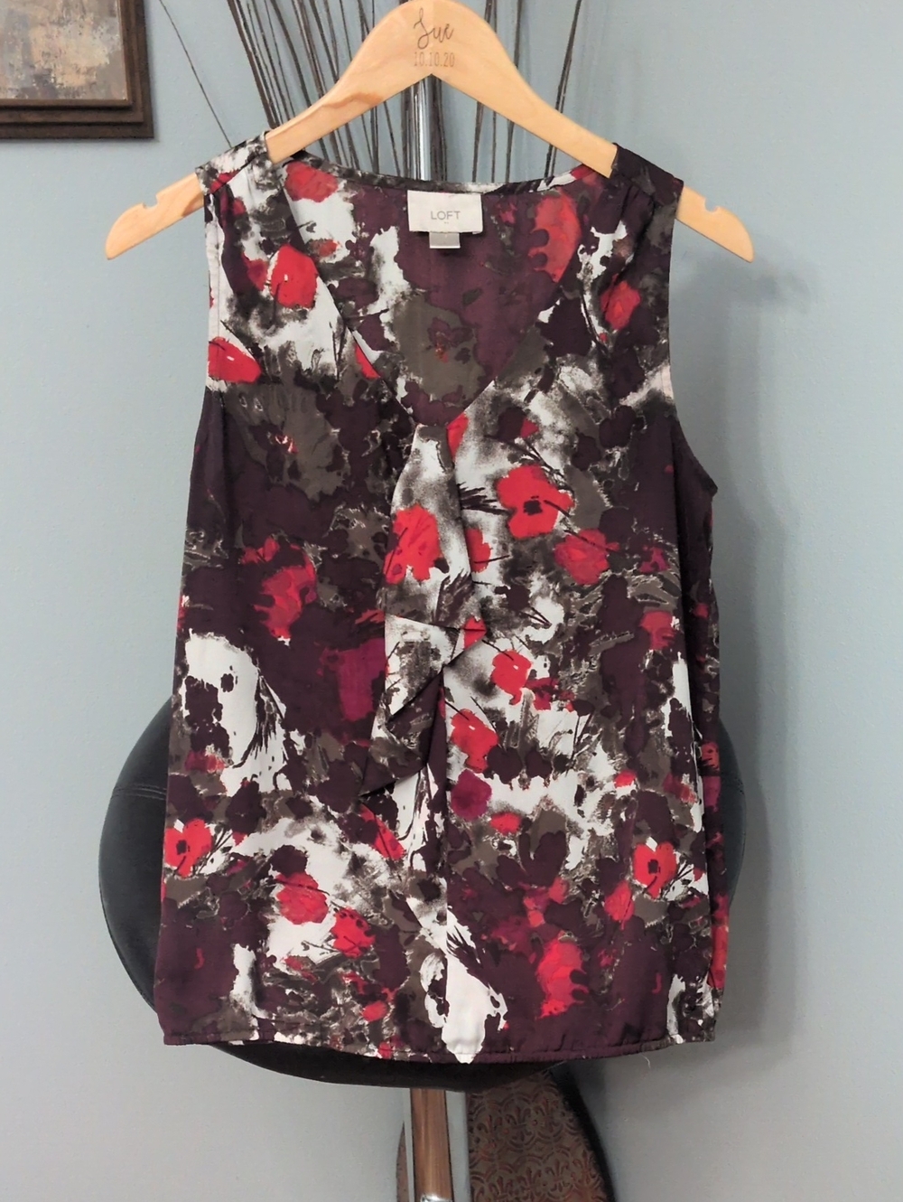 LOFT Floral V-Neck Ruffled Shell in Burgundy and Red